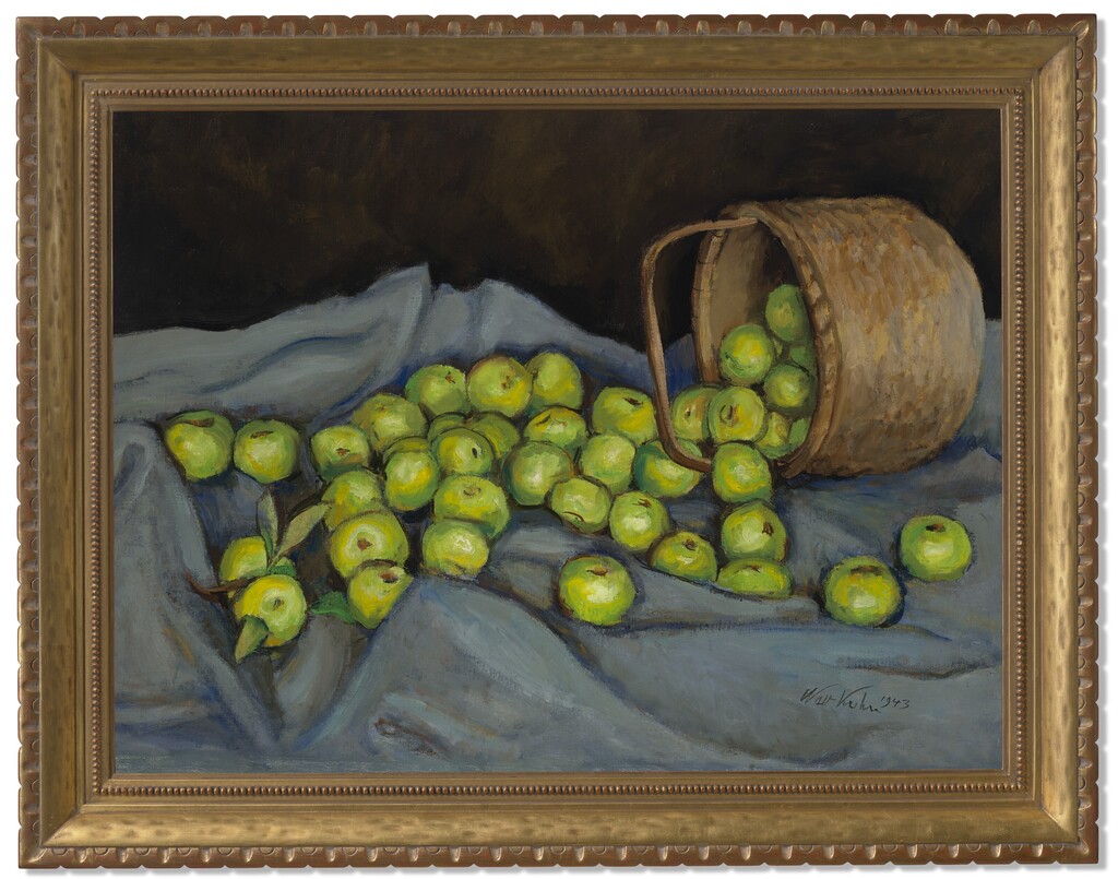 Green Apples on Blue Cloth