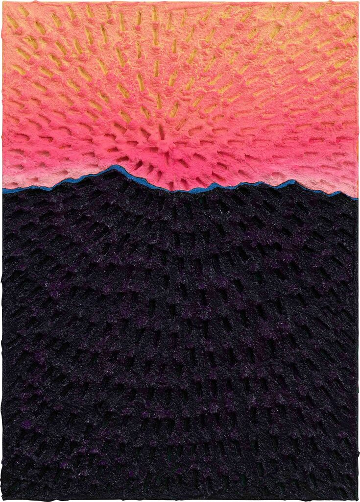 Light on the Mountain (Painted Green Sand #7A, Light Pink-Pink-Orange-Yellow Sky, Dark Purple-Blue Mountain, Green Ground)
