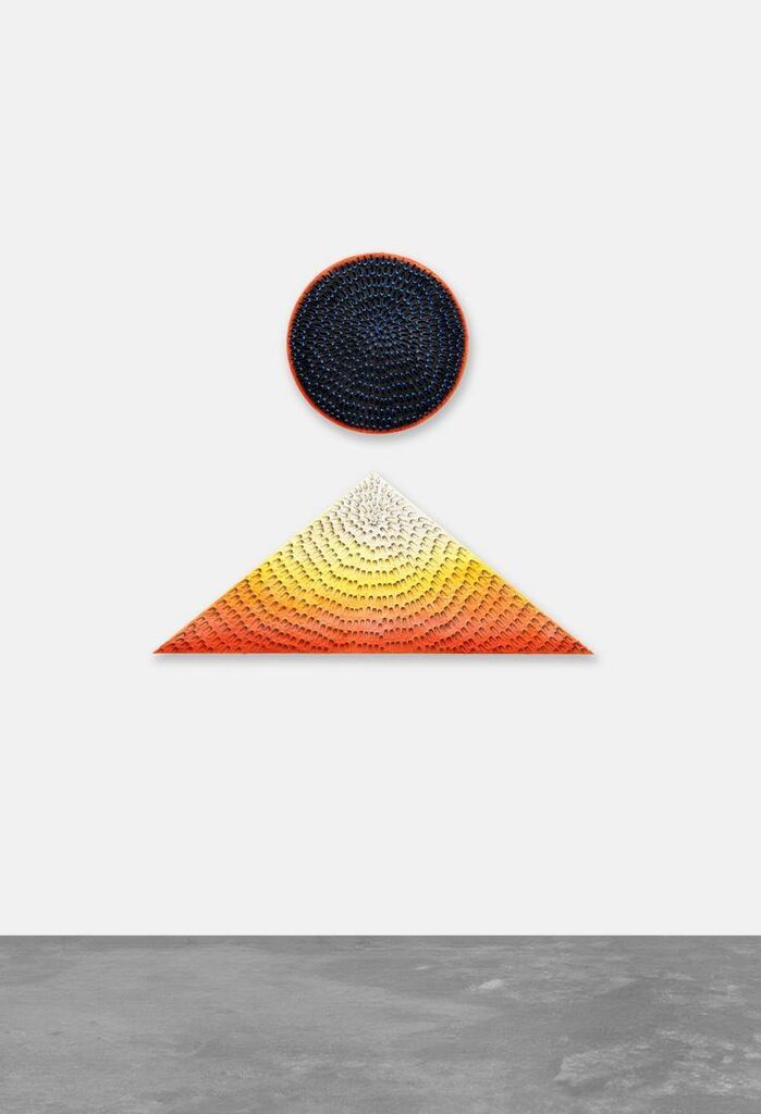 Lunar Sunrise, Lunar Sunset (Diptych: Blue and Light Blue #2MT, Painted Yellow Sand SF#1R, Black and Orange, Yellow Ground; Black #1PT, Painted Yellow Sand SF #1T, White to Red Gradient, Yellow Ground)