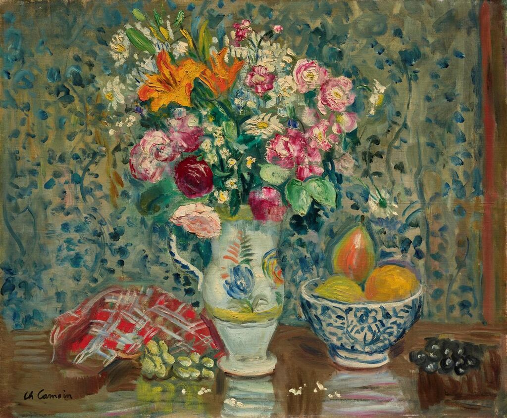 Nature morte aux fleurs, poires et raisins