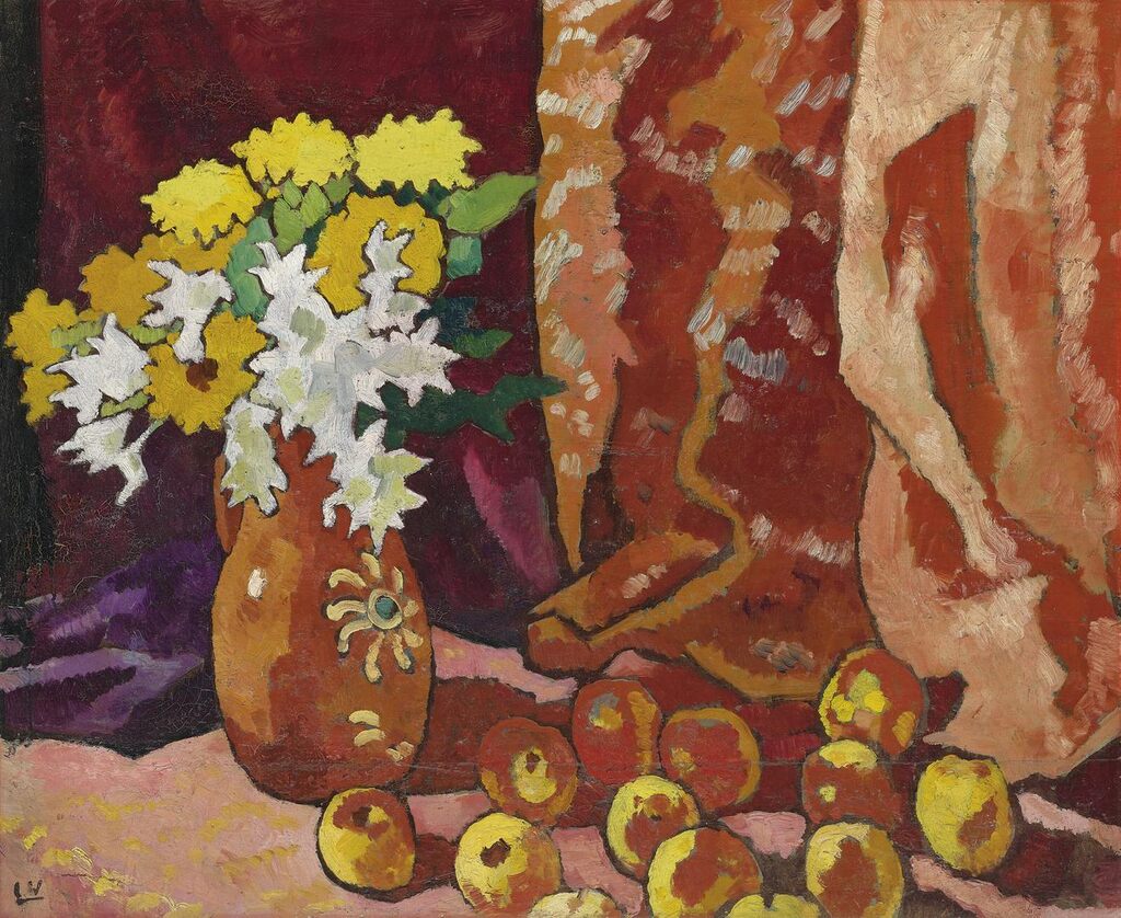 Bouquet à la cruche marron et aux pommes