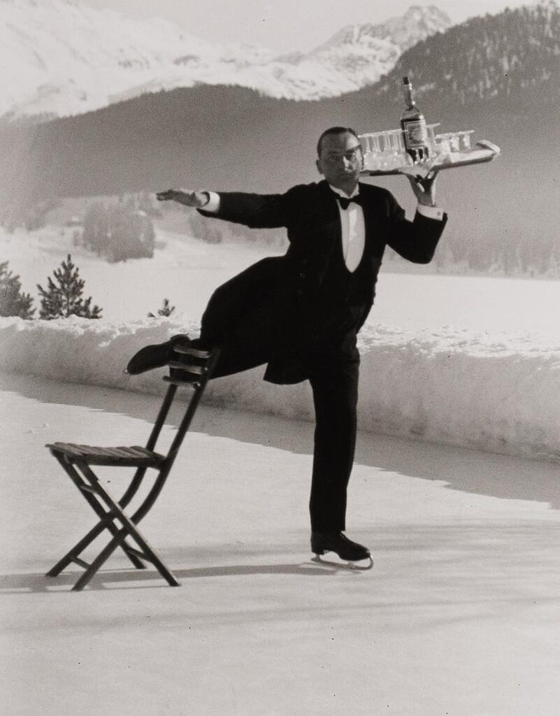 Headwaiter Rene Breguet Brings Aperitifs to Guests at the Skating Rink of the Grand Hotel, St. Moritz
