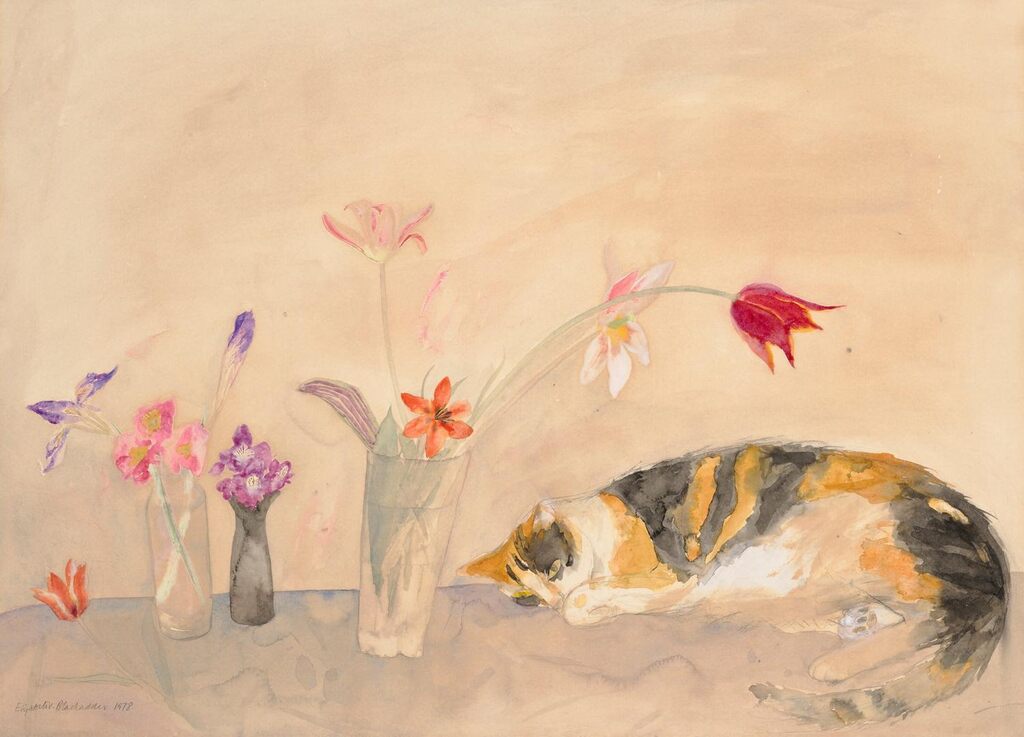 Tortoiseshell Cat and Flowers