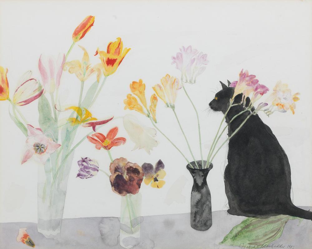 'Freesias, Tulips and Pansies and Cat'