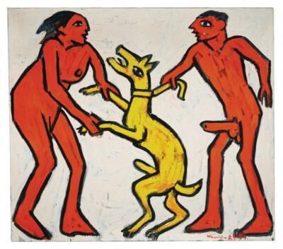 Woman, dog and man