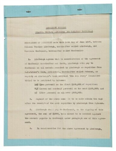 A memorandum of agreement for the publication of a book on his transatlantic flight