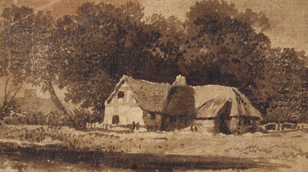 A cottage in a wooded landscape