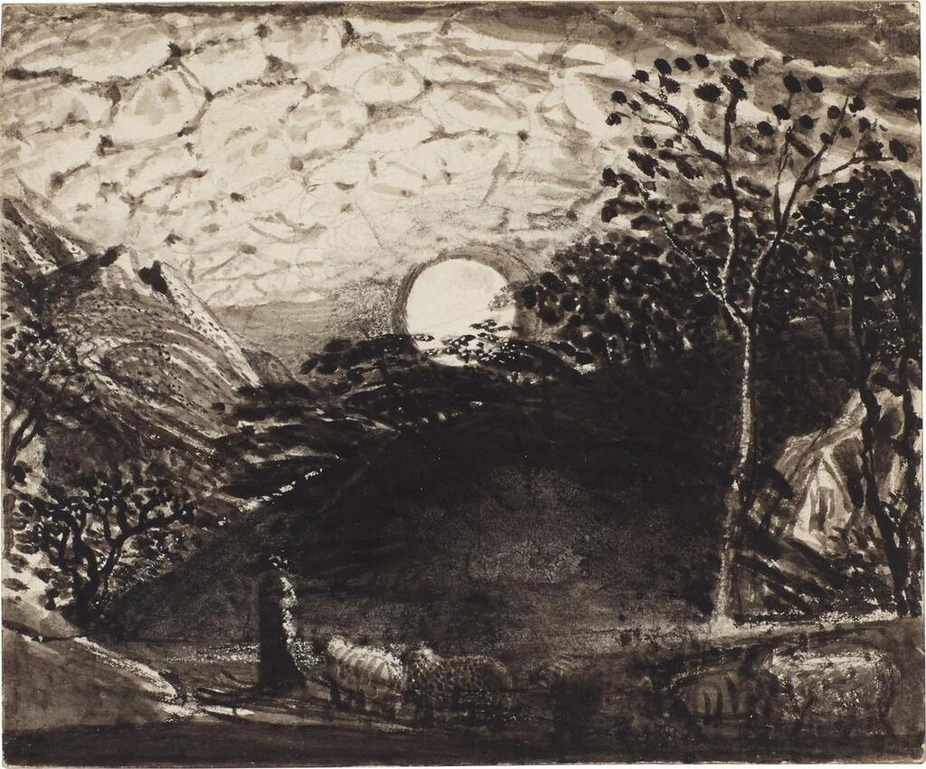 A Shepherd leading his flock under the full moon