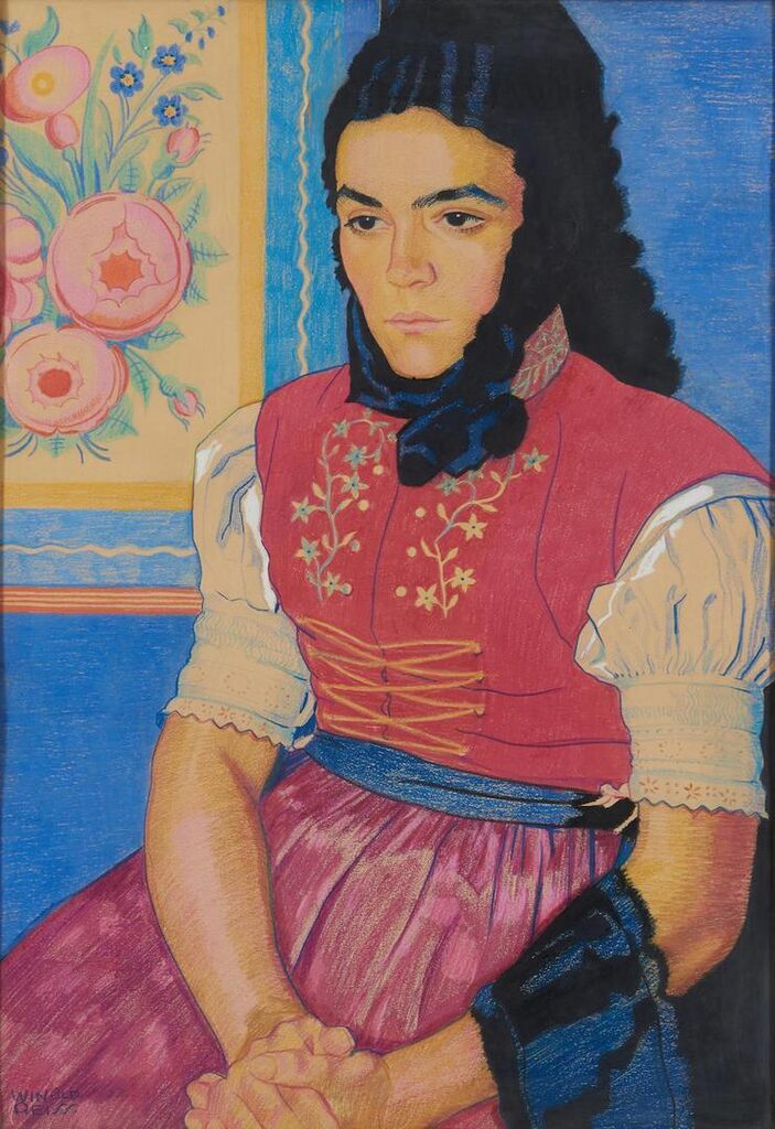Seated Woman Wearing An Embroidered Peasant Dress