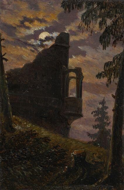 ”Mondschein hinter Burgruine mit Erker”