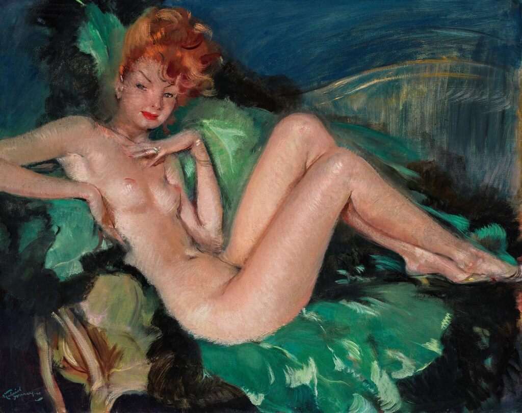 Nu sur un sofa vert