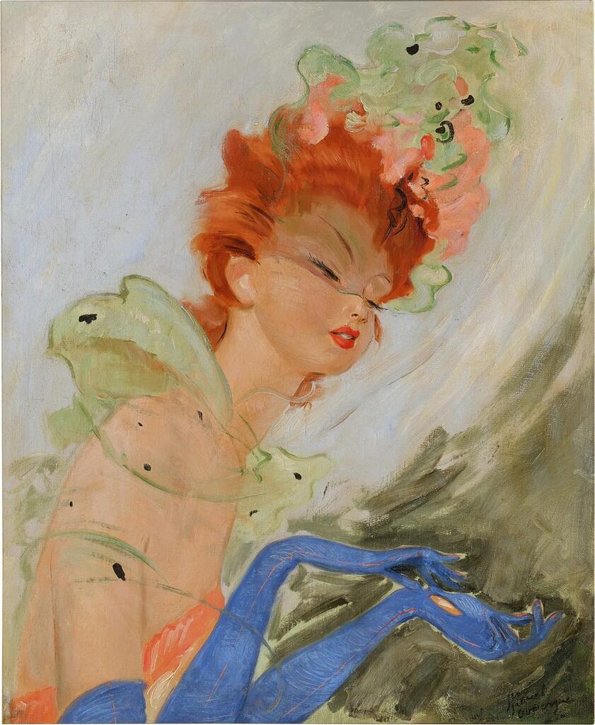 Lady with Red Hair and Blue Gloves