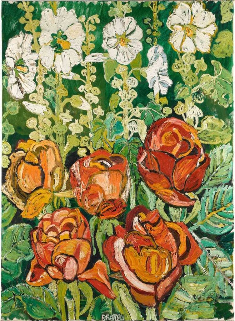 Roses and Hollyhocks