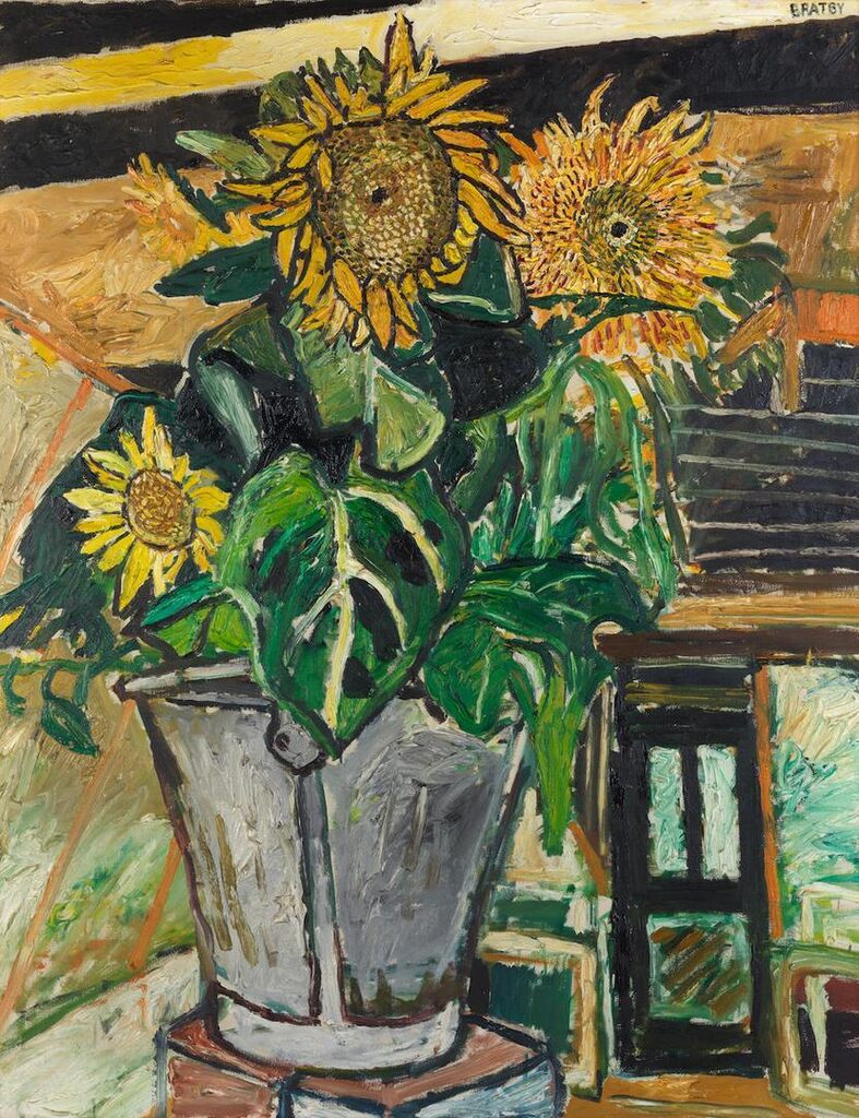 Two Open-faced Sunflowers and Two Smaller Sunflowers in a Grey Pail