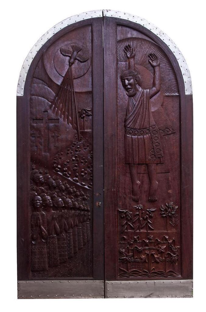Wooden doors depicting the Crucifixion and Resurrection of Christ: commissioned by the Cathedral Church of Christ