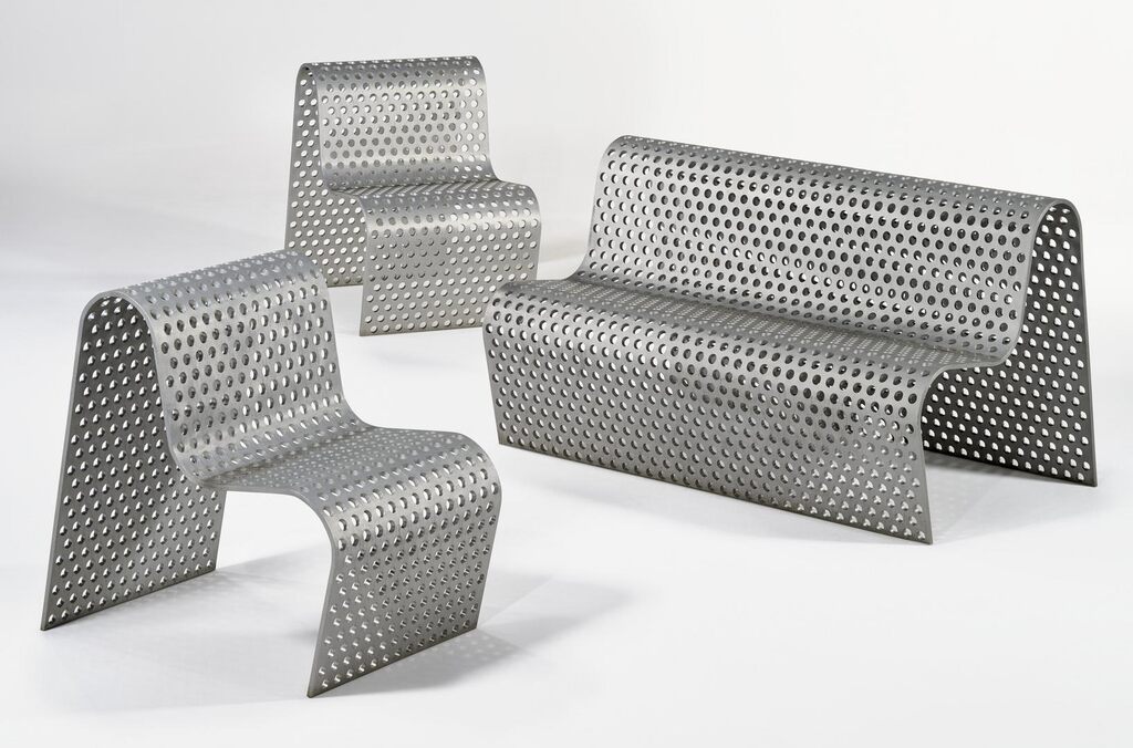 PERFORATED METAL SETTEE AND CHAIRS