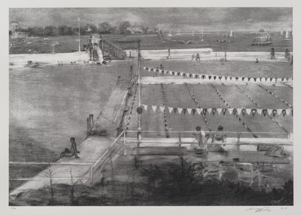 Westchester County Country Club pool with view of Richard Buckminster Fuller Aquatic Dome House of Victor Bloom - scene in the foreground in the Pool receiving fellatio from an un-named woman