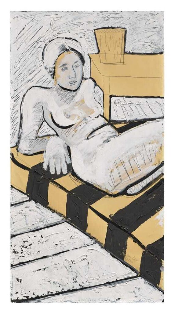 Seated Nude on Striped Couch
