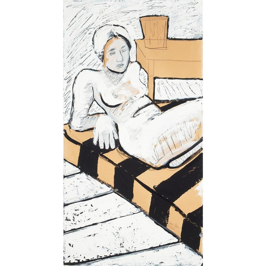 Seated Nude on Striped Couch
