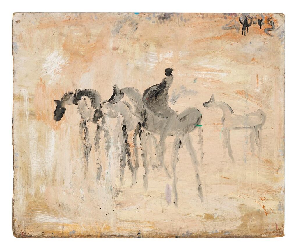 FIVE HORSES WITH PREGNANT WOMAN