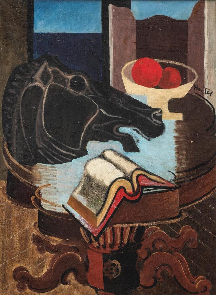 Still life with pedestal table and horse's head
