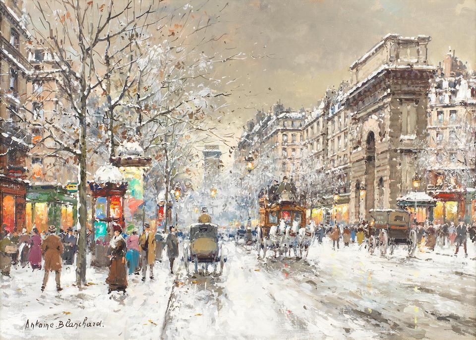 Snowy street scene, Porte St Martin, Paris