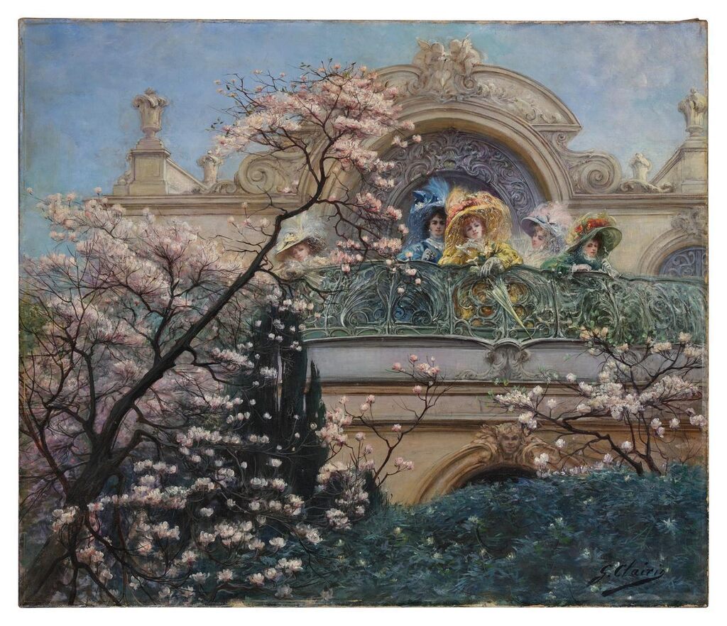 Dames sur un balcon au printemps