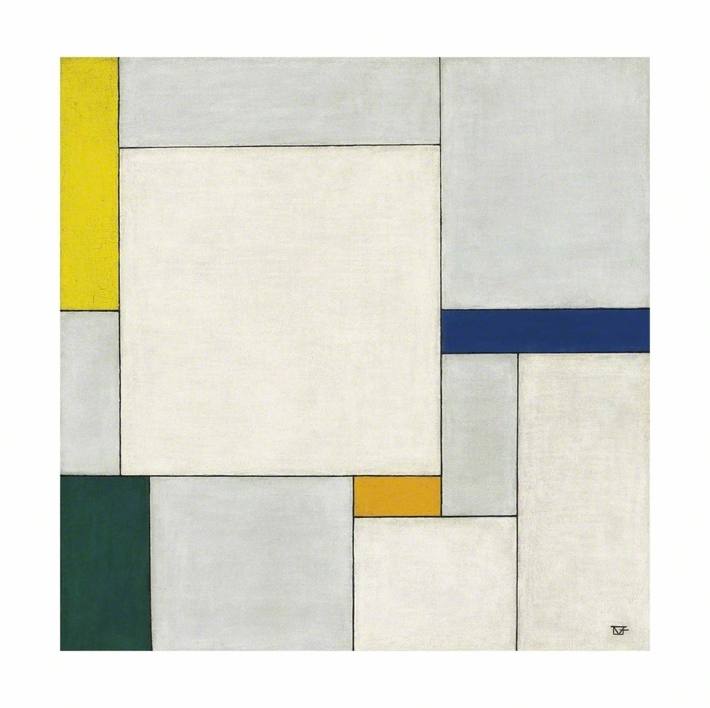 Composition dans le carré avec couleurs jaune-vert-bleu-indigo-orangé