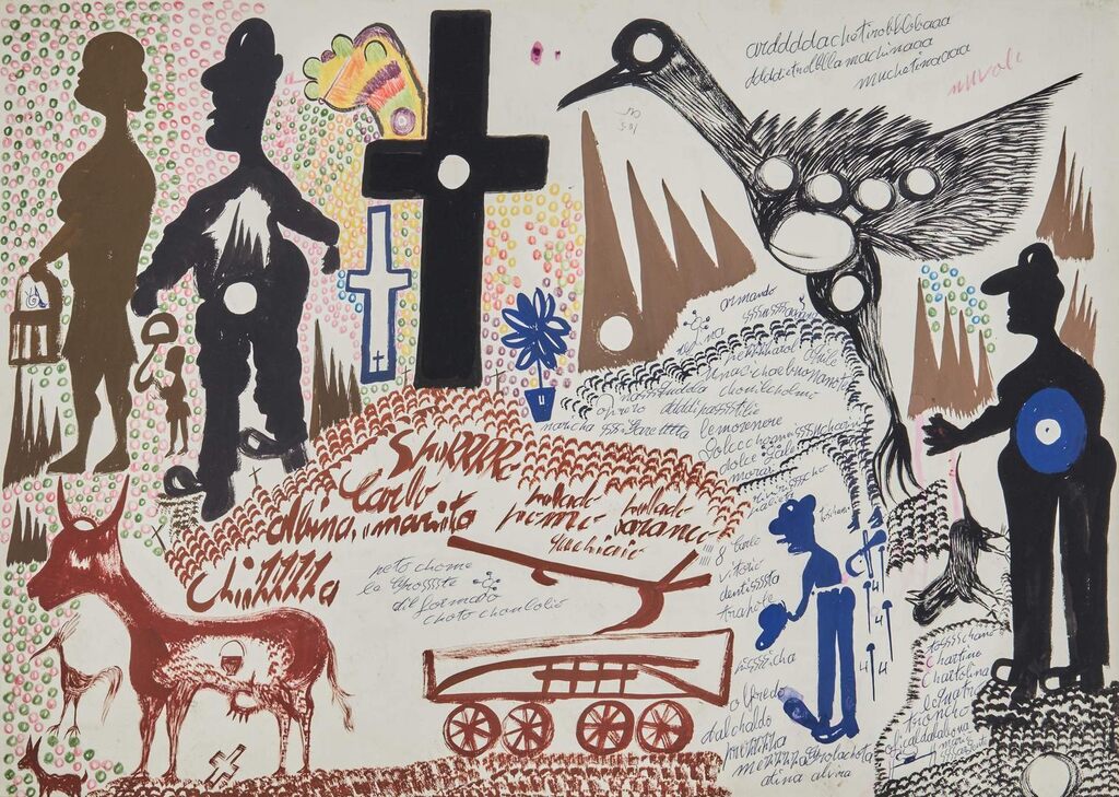 Uccello Tratteggiato, Croce e Alpino Neri, Mucca e Carro Bruni and Grande "Pinocchio" con Carrello sul Naso