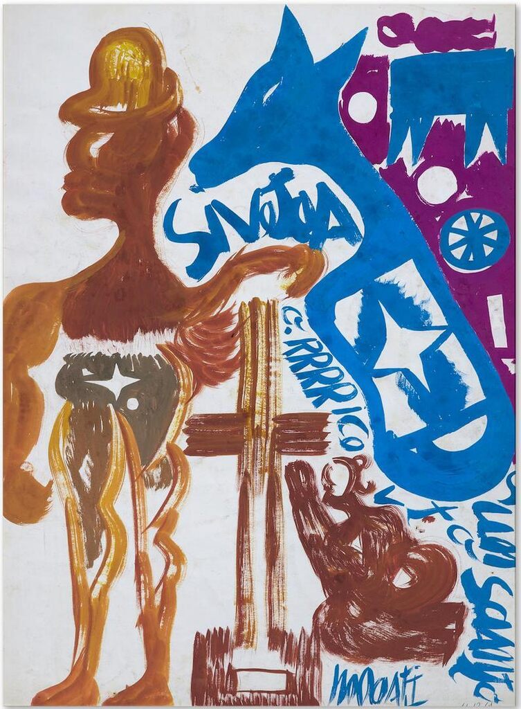 Sans titre (Grande alpino giallo con croce e cavallo stellato blu) ; Sans titre (Cavallo bruno seduto con figura distesa e fiori gialli) (double-face)