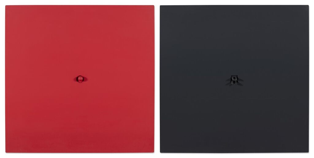 Une boule rouge sur un fond rouge; Quatre bâtons noirs sur un fond noir (2 works)