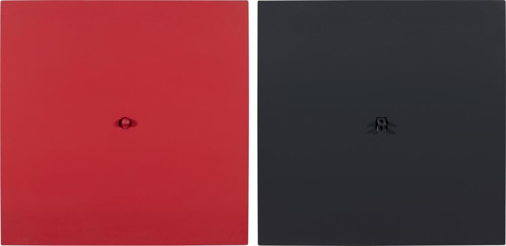 Une boule rouge sur un fond rouge; Quatre bâtons noirs sur un fond noir (Diptych)