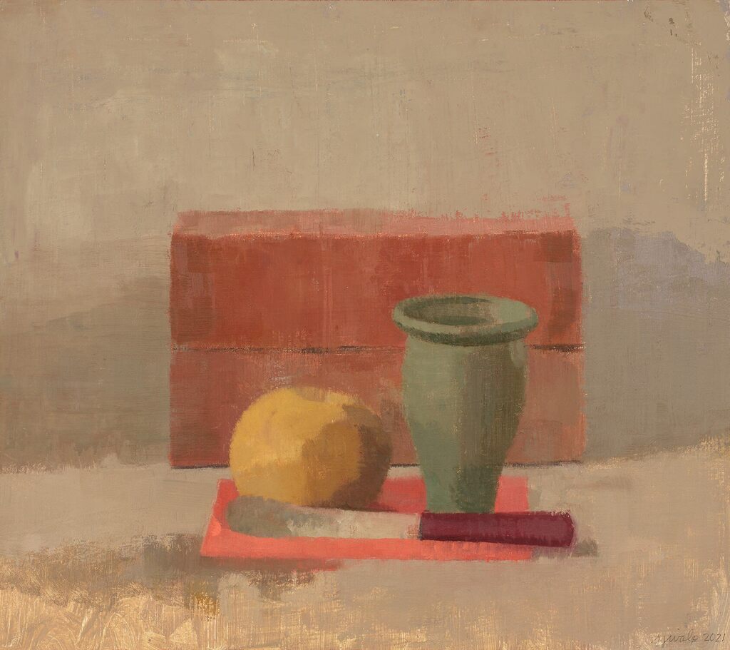 Bricks, Apple, Small Green Vase, and Red-Handled Knife