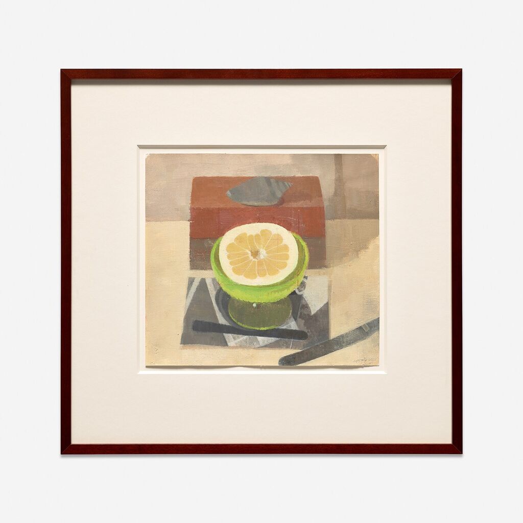 Cut Open Grapefruit in Green Dish with Bricks, Shell, Knife, and Photocopy