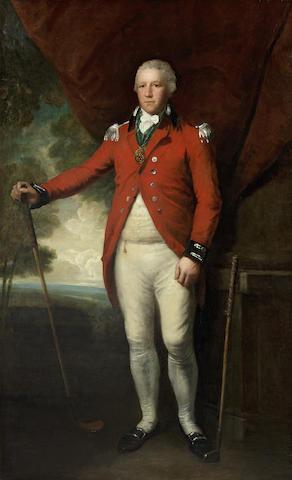 Portrait of Henry Callender standing full-length in a landscape in the attire of Captain General of the Blackheath Golf Club, holding a wooden headed spoon with a metal headed blade putter by his side