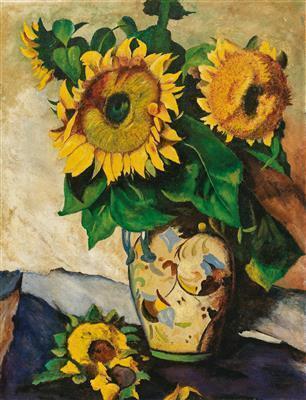 Sunflowers in a vase with double handles
