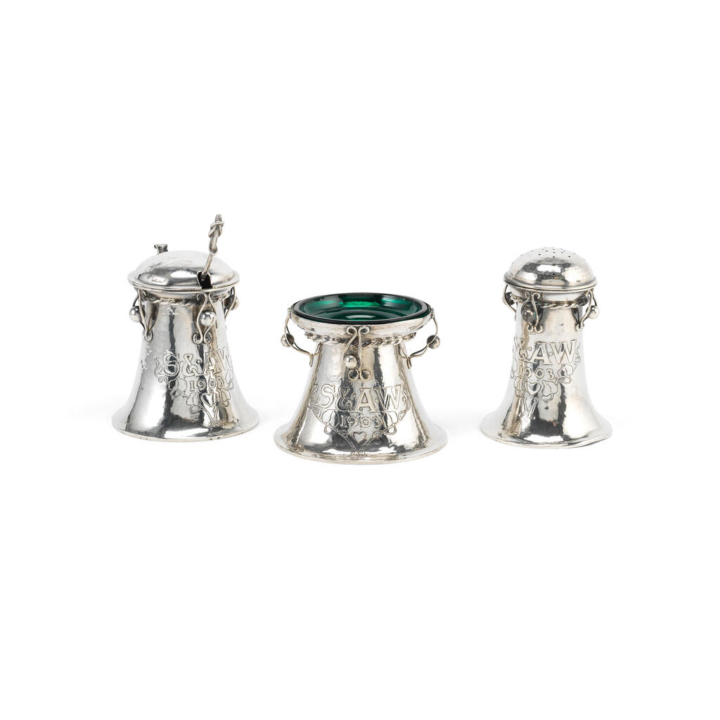 Omar Ramsden and Alwyn Carr: an Arts and Crafts three-piece condiment set