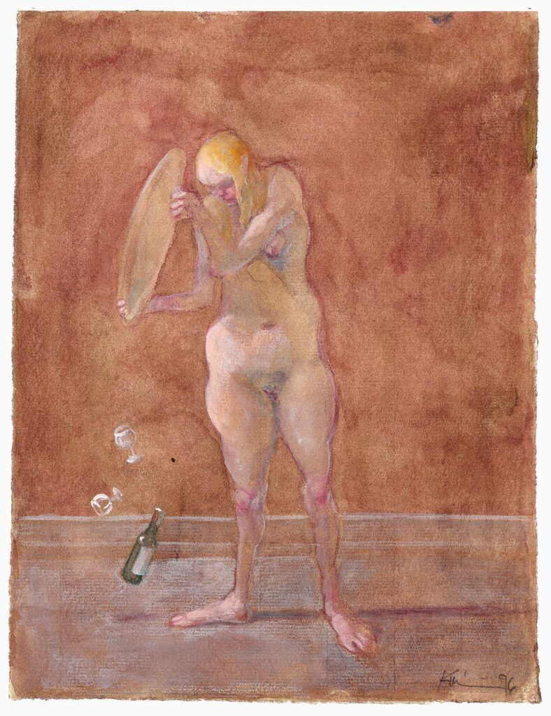 Michael Kvium: "En uheldig blondine". Signed Kvium 96. Watercolour on paper. Sheet size 25 x 19 cm