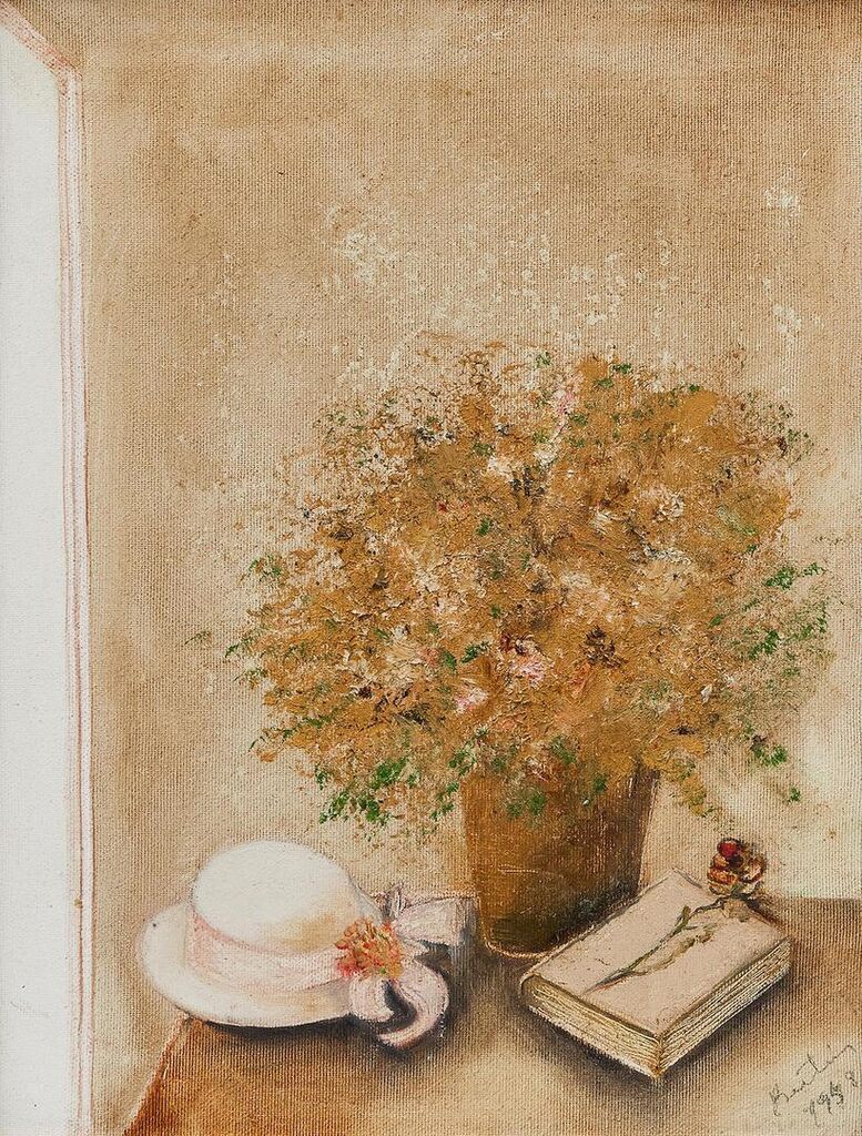 Still life with hat and flowers