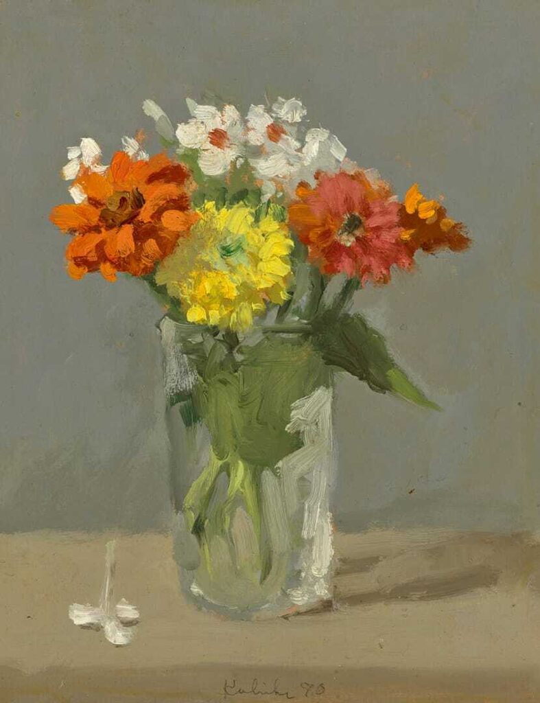 Zinnias and White Flowers in a Glass Jar