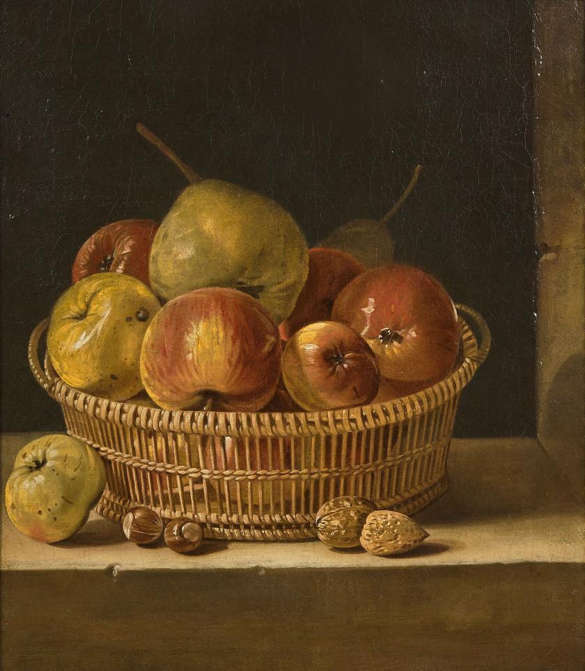 Basket of fruit, walnuts, hazelnuts and almonds on an entablature