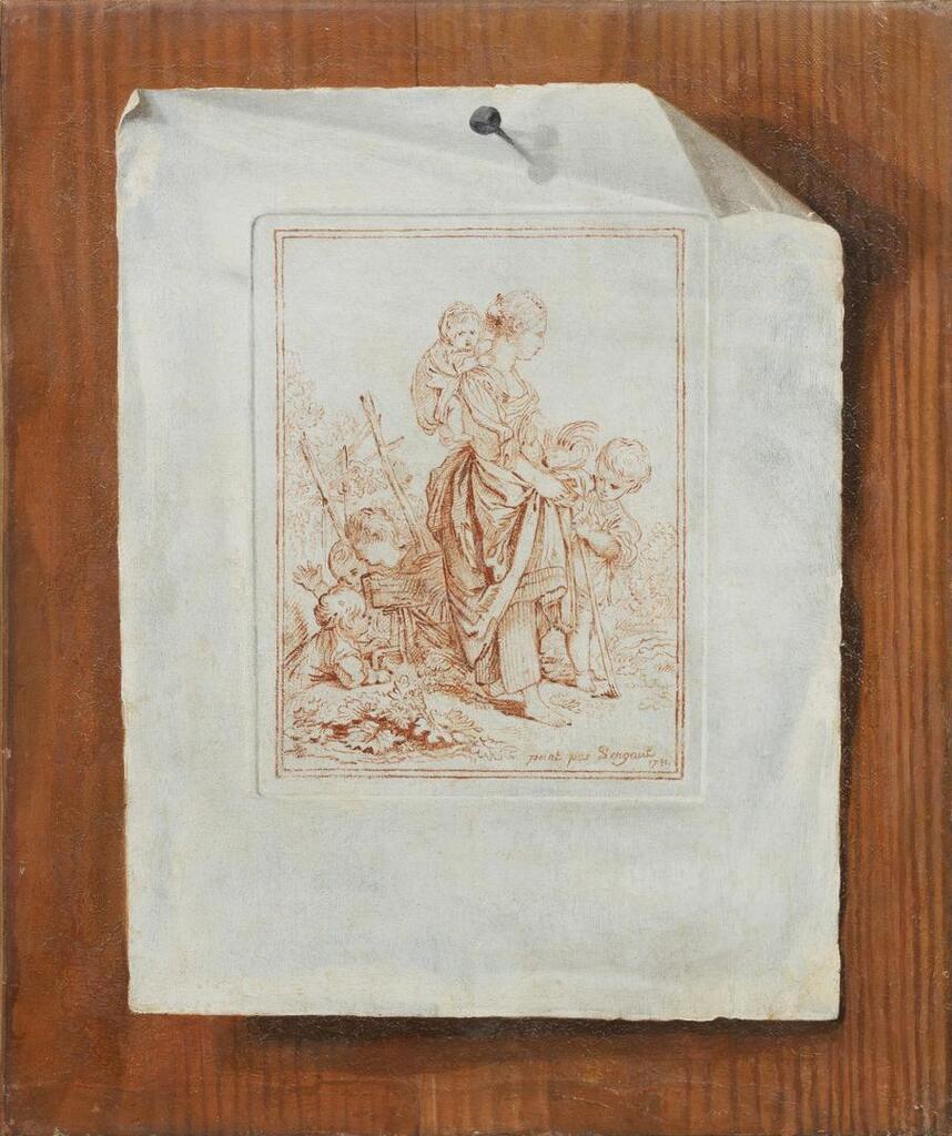 La villageoise: a trompe l'œil painted as a sheet of paper pinned to a wooden background, the upper right corner folded, as a multiple of the original drawing