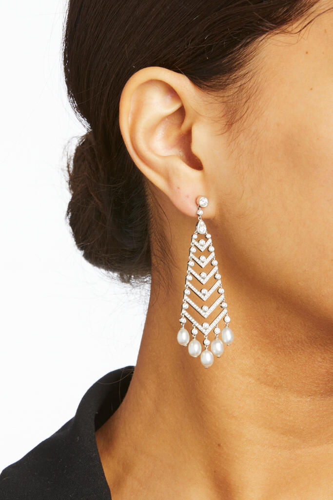 TIFFANY & CO.: A PAIR OF PLATINUM, CULTURED PEARL AND DIAMOND EARRINGS