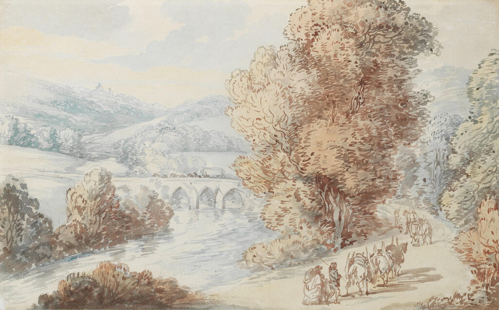 Polson Bridge near Launceston with pack ponies on a road