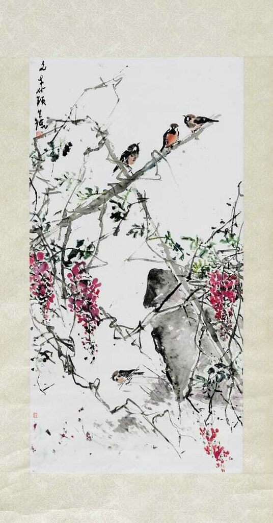 Three birds and purple flowers