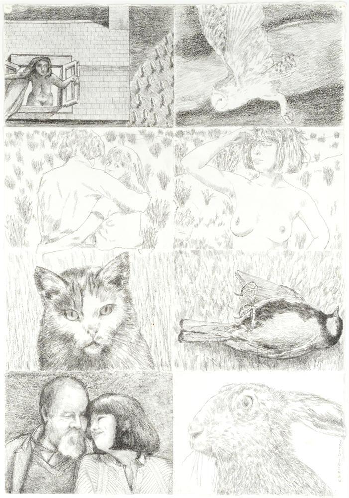 Sixteen pencil sketches of people and nature