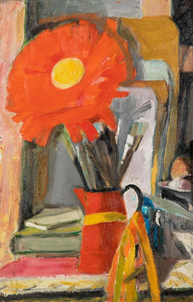 Pichet avec fleur et pinceaux