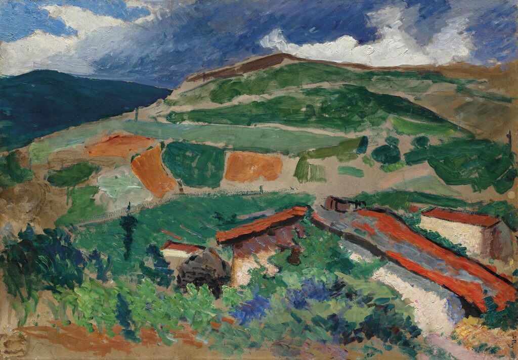 Paysage aux toits rouges