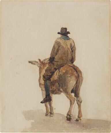A farmer riding a donkey