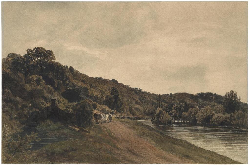 Horses and figures on a riverside path